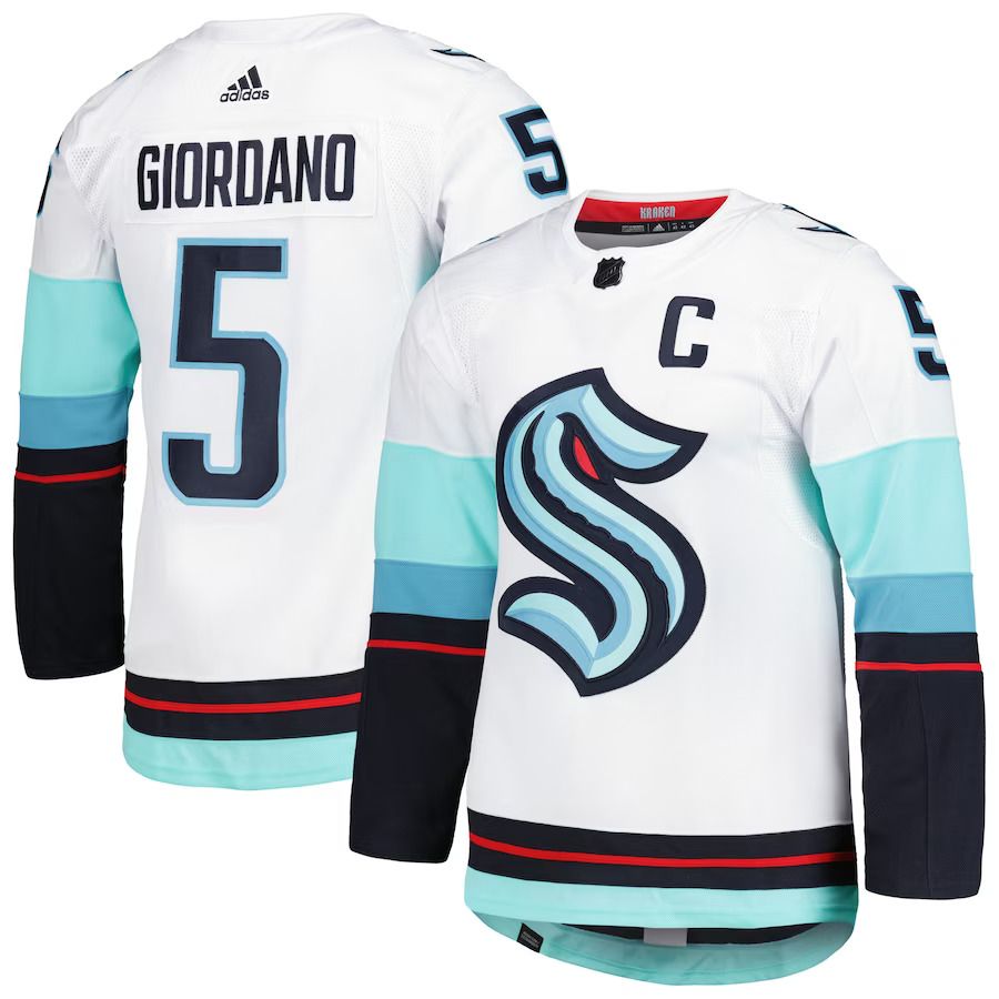 Men Seattle Kraken 5 Mark Giordano adidas White Captain Away Authentic Pro Player NHL Jersey